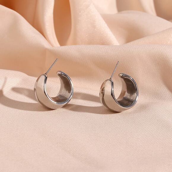 Silver Chunky Hollow C Shape‎ Hoop Earrings - Stainless Steel, Hypoallerg… - Picture 2 of 7